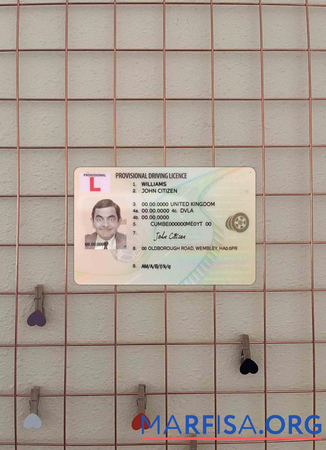 Printable United Kingdom provisional driving license photolook download for verification